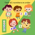 Find all numbers in order. Set of children with cards. Character in cartoon style for design. Vector illustrations, full Royalty Free Stock Photo