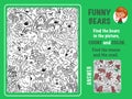 Find bears in picture, count and color. Games for kids. Puzzle with hidden objects. Black and white outline for coloring