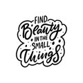 Find beauty in the small things. Hand drawn brush calligraphy. Motivation text lettering.