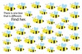 Find bee that different, spring fun education puzzle game for children, preschool worksheet activity for kids, task for the