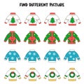 Find Christmas sweater which is different from others. Worksheet for kids.