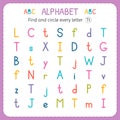 Find and circle every letter T. Worksheet for kindergarten and preschool. Exercises for children