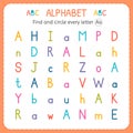 Find and circle every letter A. Worksheet for kindergarten and preschool. Exercises for children