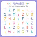 Find and circle every letter Z. Worksheet for kindergarten and preschool. Exercises for children Royalty Free Stock Photo