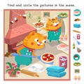 Find and circle hidden objects. Educational game for children. Cute pizzaiolo cats with pizza on shovel. Cartoon funny