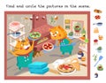 Find and circle hidden objects. Educational game for children. Cute pizzaiolo cats with pizza on shovel. Cartoon funny