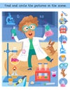Find and circle 10 hidden objects. Puzzle game for kids. Chemical scientist made discovery among objects in lab. Vector