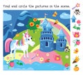 Find and circle the objects. Cute unicorn and landscape with castle and towers. Fairyland. Educational puzzle for