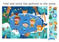 Find and circle objects. Educational game for children. Cute boys and girls are skating in winter. Animal in forest