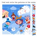 Find and circle objects. Educational game for children. Cute children and animals in winter. Children skiing and skating