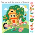 Find and circle objects. Educational game for children. Fairy tale ceramic teapot house in forest. Cute animals bunny