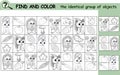 Find and color the identical group of objects. Coloring book page with cartoon characters.