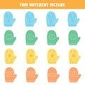 Find different colorful mitten in each row. Logical game for preschool kids.