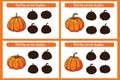 Find correct Pumpkin shadow educational game for kids. Shadow matching activity for children. Preschool puzzle Royalty Free Stock Photo