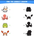 vector illustration finding the correct shadow wild animals cow octopus frog crab