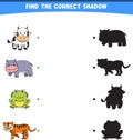 vector illustration finding the correct shadow wild animals cow hippopotamus frog tiger