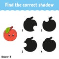 Find the correct shadow apple. Education developing worksheet. Matching game for kids. Activity page. Puzzle for children. Cartoon