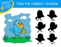 Find the correct shadow the Bird. Cute cartoon parrot on colorful background. Educational matching game with fun character.