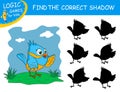 Find the correct shadow the Bird. Cute cartoon parrot on colorful background. Educational matching game with fun character.