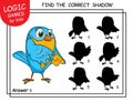 Find the correct shadow Bird. Cute cartoon Parrot. Educational matching game with cartoon character. Logic Games for Kids