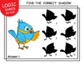 Find the correct shadow Bird. Cute cartoon Parrot. Educational matching game with cartoon character. Logic Games for Kids