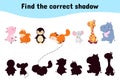 Find correct shadow. Children education game with cartoon animals. Puzzle with funny giraffe, penguin, hippo and pig Royalty Free Stock Photo