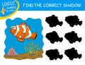 Find the correct shadow Clown fish. Cute cartoon tropical fish on colorful background. Educational matching game