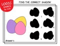 Find the correct shadow the colorful Easter Eggs. Task with answer. Cute cartoon Eggs. Learning matching game. Logic Game for Kids