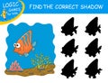 Find the correct shadow Coral Fish. Cute cartoon tropical fish on colorful background. Educational matching game