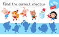 Find the correct shadow. Cute animal characters getting ready for Christmas. Educational game for children. Activity