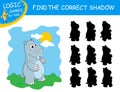 Find the correct shadow the cute cartoon Hippo on colorful background. Educational matching game for children with fun character.