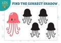 Find the correct shadow for cute cartoon jellyfish educational preschool kids mini game