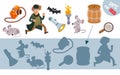 Find the correct shadow. Cute detective, mice, objects in cartoon style. Educational game for children. Activity, vector