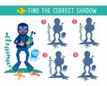 Find correct shadow. Cute diver with flippers and cartoon-style oxygen tank. Puzzle game for children. Activity, vector