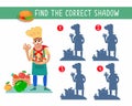 Find correct shadow. Cute pizzaiolo chef with pizza in cartoon style. Puzzle game for children. Activity, vector Royalty Free Stock Photo