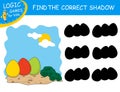 Find the correct shadow the Easter Eggs on sand. Colorful background with answer. Cute cartoon food. Educational matching game.