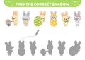 Find the correct shadow. Easter game with bunnies. Shadow matching game. Cartoon, vector. Royalty Free Stock Photo