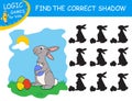 Find the correct shadow the Easter Rabbit. Cute cartoon rabbit on lawn. Colorful background. Educational matching game.