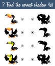 Find the correct shadow. Education game for children with cartoon toucans