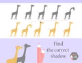 Find the correct shadow, education game for children. Cute Cartoon animals and Nature. vector illustration. giraff