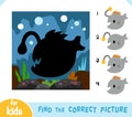 Find the correct shadow, education game for kids, Cute cartoon monkfish with underwater cave background