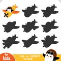 Find the correct shadow, education game for children, Cute penguin pilot on an airplane