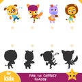 Find the correct shadow, education game for children, Set of cartoon characters Royalty Free Stock Photo