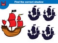 Find the correct shadow, education game for children Set of cartoon pirate characters. Vector illustration