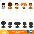 Find the correct shadow, education game for children, Set of cute cartoon multiethnic children reading a book Royalty Free Stock Photo