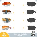 Find the correct shadow, education game for children. Set of sushi nigiri Royalty Free Stock Photo
