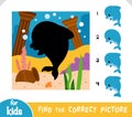 Find the correct shadow, education game for kids, Cute cartoon dolphin with underwater ancient city background
