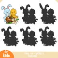 Find the correct shadow, education game for kids, Easter illustration. Bird and rabbit and basket with colored eggs