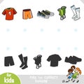 Find the correct shadow, education game for kids, set of football sport wear and shoe