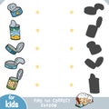 Find the correct shadow, education game for kids. Vector set of opened tin cans